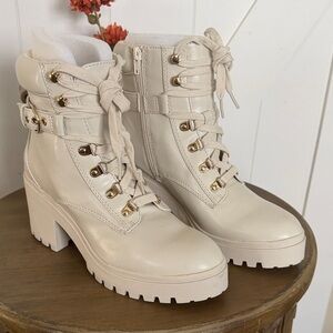 Wild Pair Bridgitt Lace-Up Side-Zip Lug-Sole Booties, Cream, Size 10